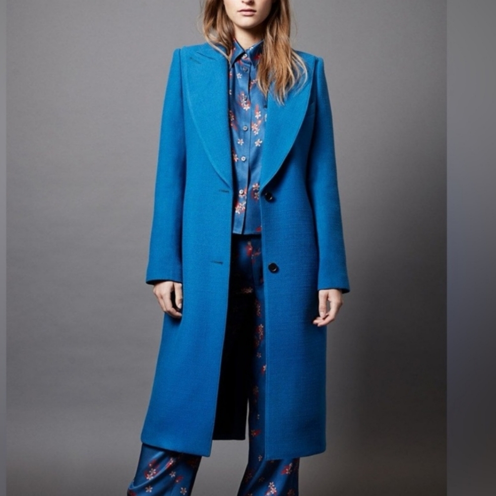 Long SMYTHE blue peaked lapel overcoat - size 12